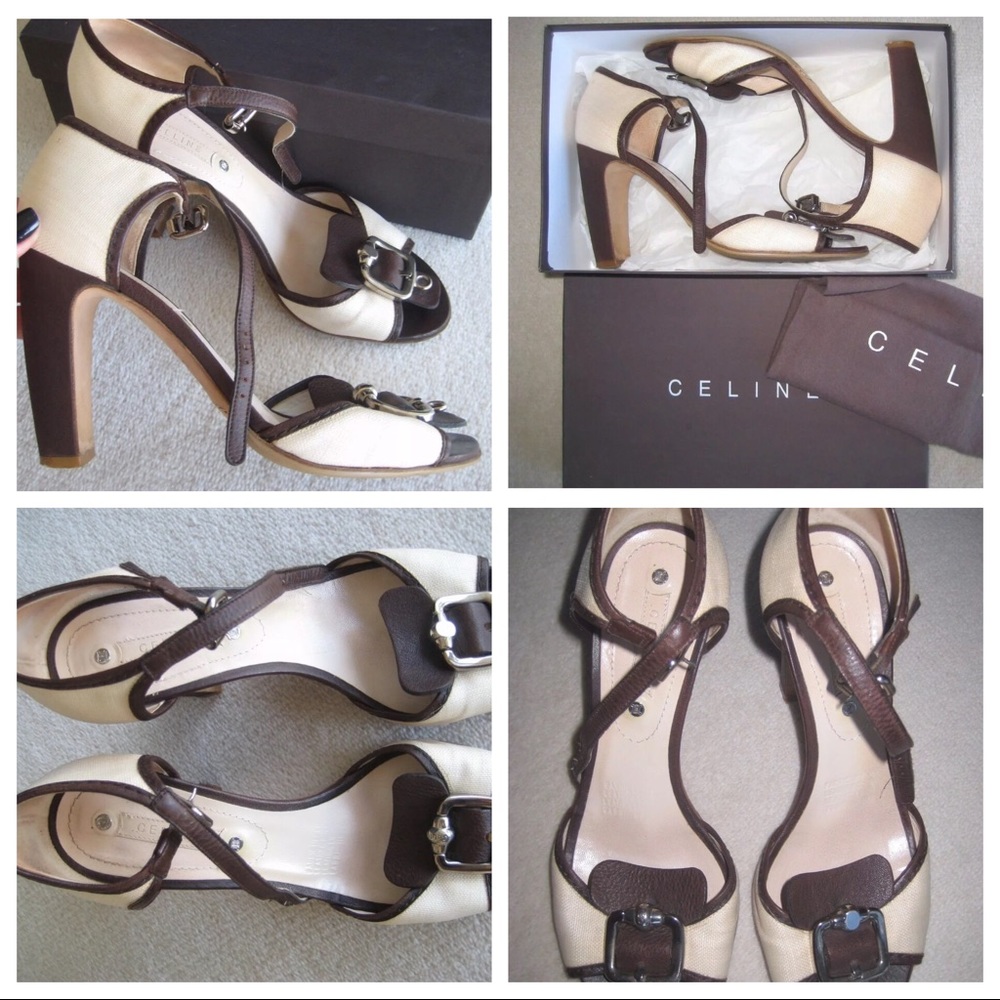 Celine Canvas Leather Cream Brown Pumps Sandals 38